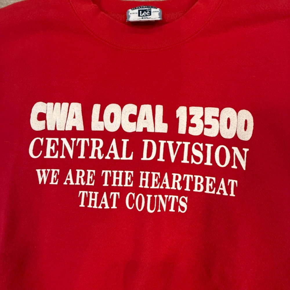 Vintage 90s LEE CWA Union Sweatshirt Size 2XL USA Heavyweight Red Crewneck - Picture 2 of 7